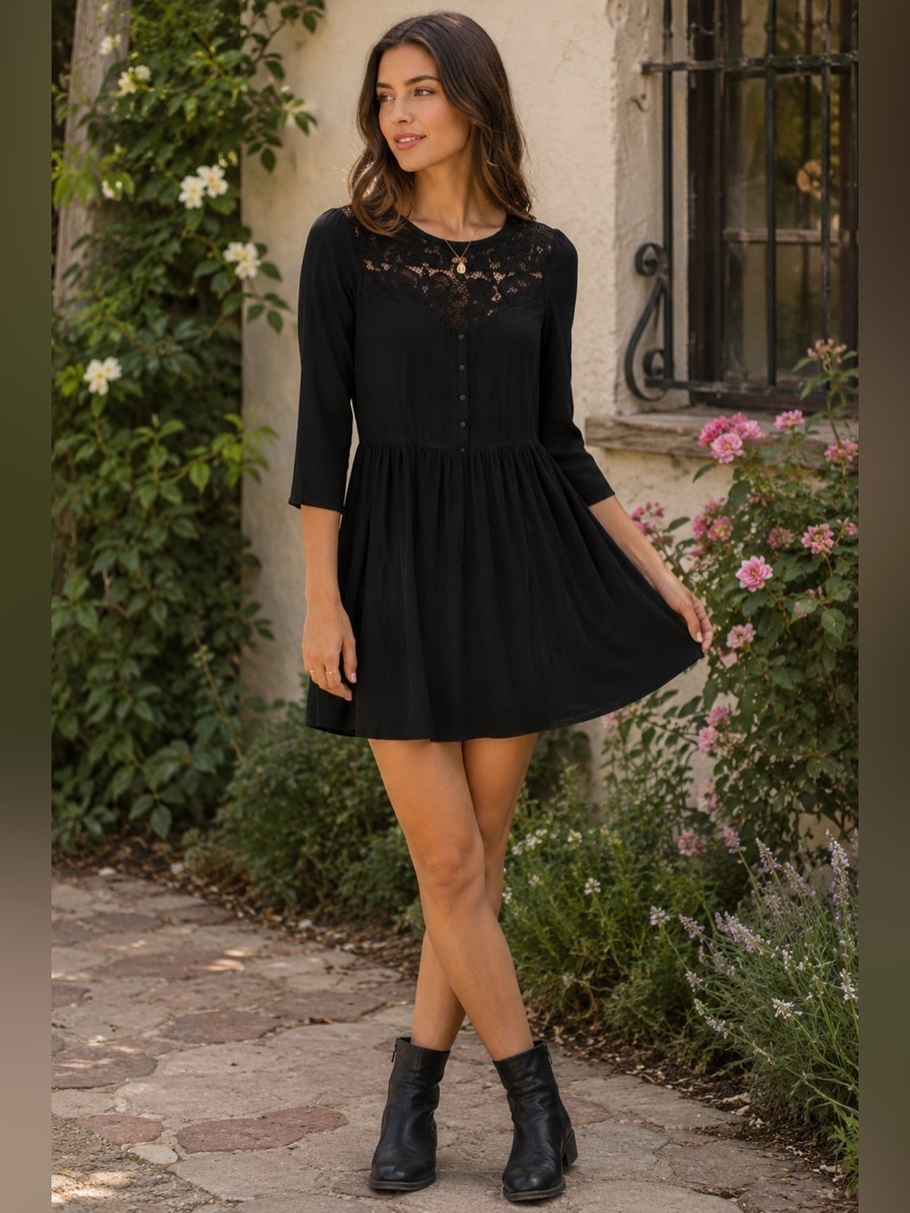ASOS Black Lace 3/4 Length Sleeve Dress Lace Yoke Size 4 Cottagecore Romantic